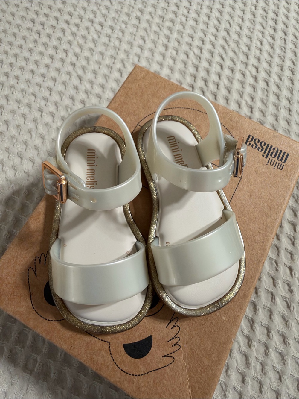 Mini Melissa Cream White Sandals with Gold Glitter Trim